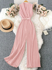 Franclia Sleeveless Mandarin Collar Cinched Waist Jumpsuit With Pleated Detail