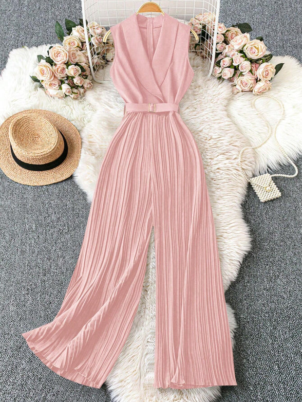 Franclia Sleeveless Mandarin Collar Cinched Waist Jumpsuit With Pleated Detail