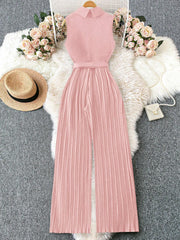 Franclia Sleeveless Mandarin Collar Cinched Waist Jumpsuit With Pleated Detail
