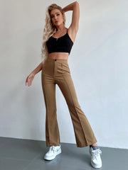 Chiquease Solid Color Stretchy Knit Button Pocket Flared Leg Pants