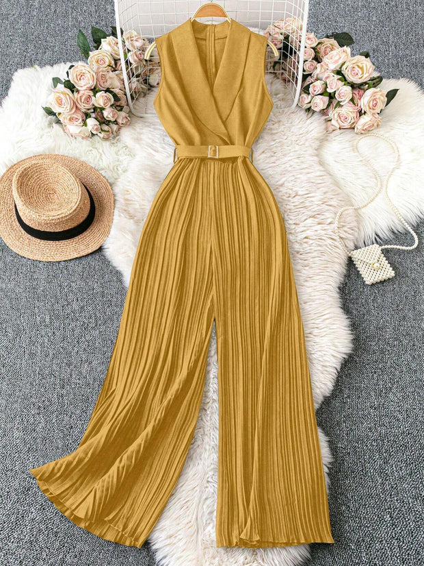 Franclia Sleeveless Mandarin Collar Cinched Waist Jumpsuit With Pleated Detail