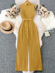 Franclia Sleeveless Mandarin Collar Cinched Waist Jumpsuit With Pleated Detail