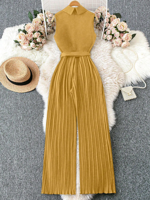 Franclia Sleeveless Mandarin Collar Cinched Waist Jumpsuit With Pleated Detail