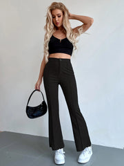 Chiquease Solid Color Stretchy Knit Button Pocket Flared Leg Pants