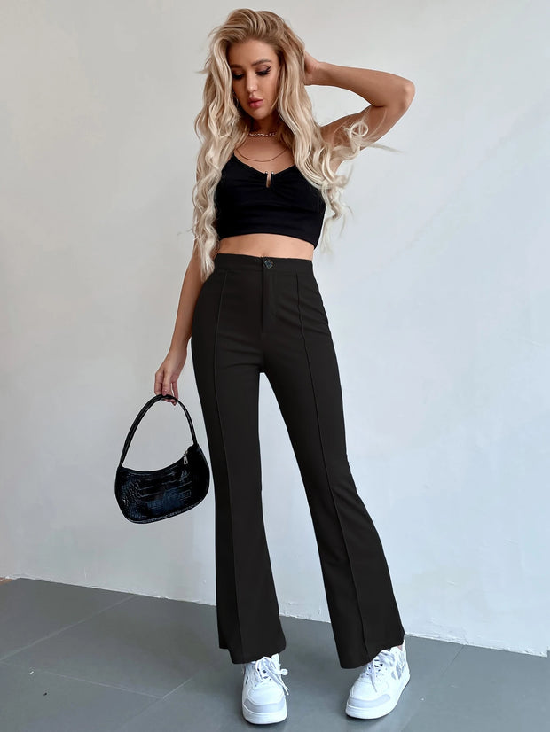 Chiquease Solid Color Stretchy Knit Button Pocket Flared Leg Pants