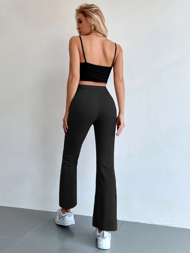 Chiquease Solid Color Stretchy Knit Button Pocket Flared Leg Pants
