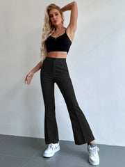 Chiquease Solid Color Stretchy Knit Button Pocket Flared Leg Pants