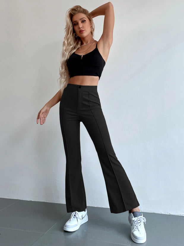 Chiquease Solid Color Stretchy Knit Button Pocket Flared Leg Pants