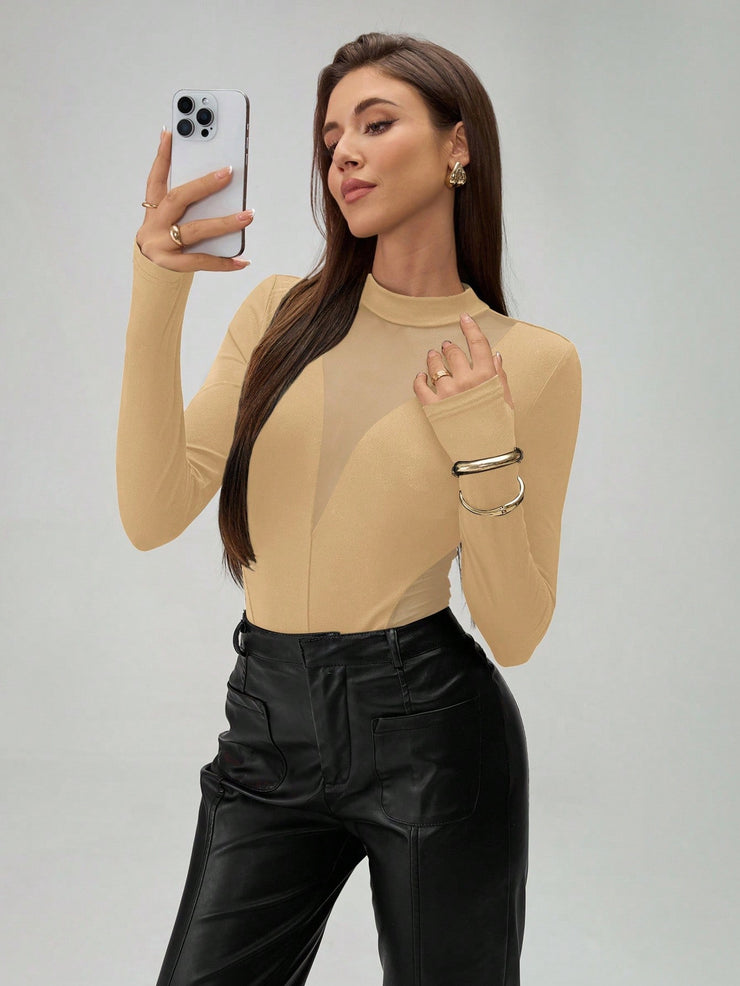 Chiquease Ladies' Fashion Mesh Contrast Long Sleeve Fingerhole Bodysuit Fall Cloth For Women