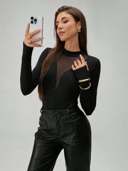 Chiquease Ladies' Fashion Mesh Contrast Long Sleeve Fingerhole Bodysuit Fall Cloth For Women