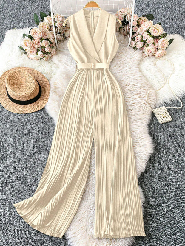 Franclia Sleeveless Mandarin Collar Cinched Waist Jumpsuit With Pleated Detail