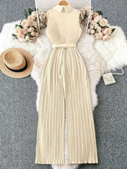 Franclia Sleeveless Mandarin Collar Cinched Waist Jumpsuit With Pleated Detail