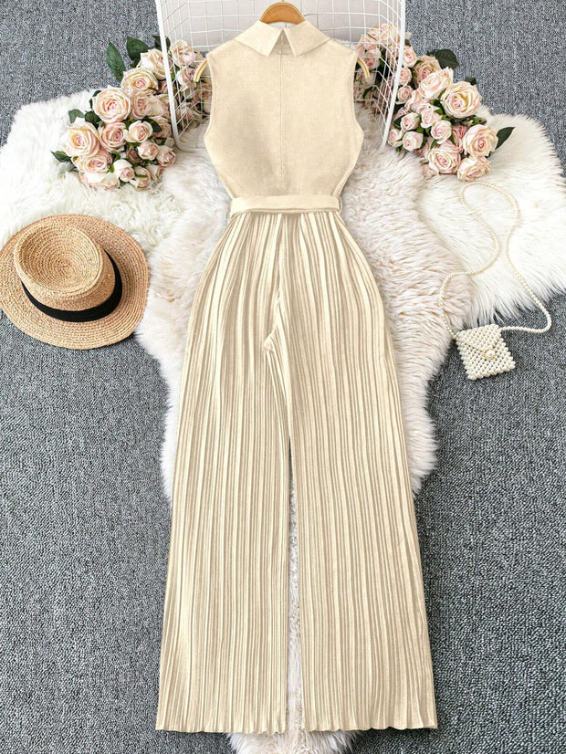 Franclia Sleeveless Mandarin Collar Cinched Waist Jumpsuit With Pleated Detail
