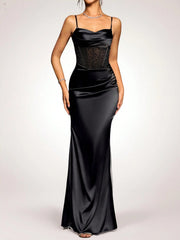 Coutiva Women Rhinestone Embellished Sheer Black Long Evening Gown