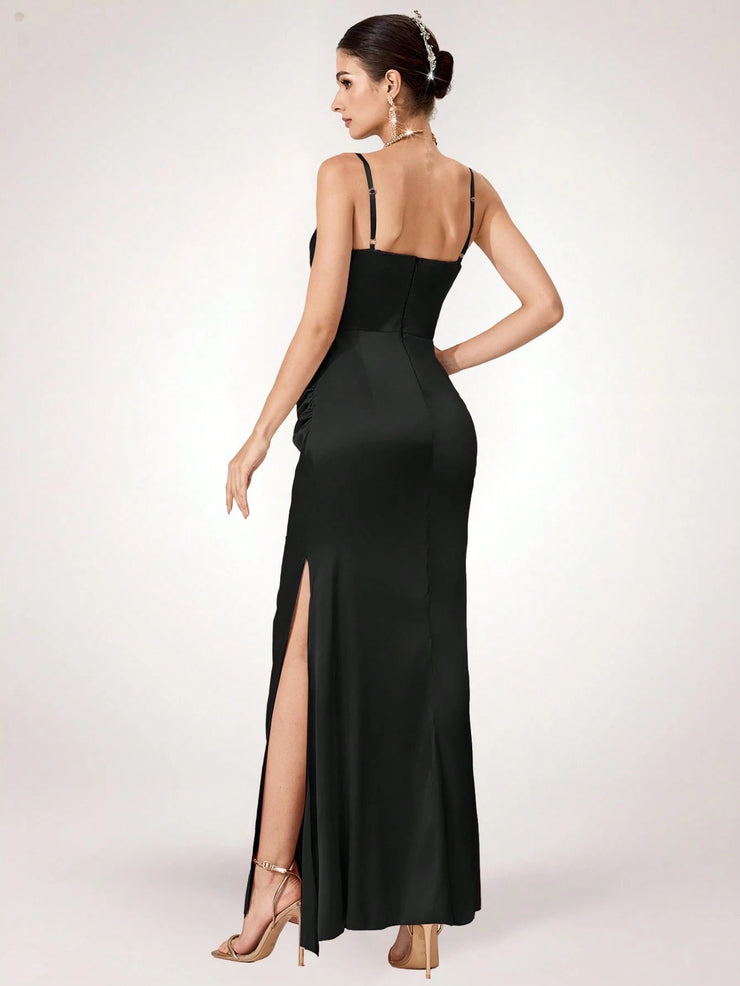 Coutiva Long Rhinestone Decor Illusion Women's Evening Formal Gown, Party Dress, For Wedding Guest