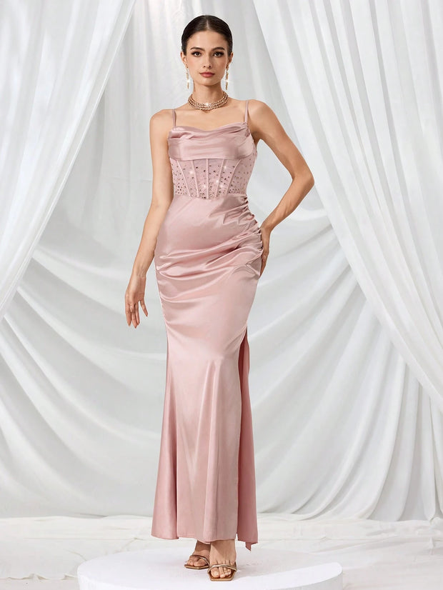 Coutiva Long Rhinestone Decor Illusion Women's Evening Formal Gown, Party Dress, For Wedding Guest
