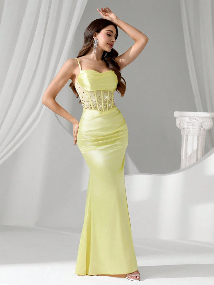Coutiva Long Rhinestone Decor Illusion Women's Evening Formal Gown, Party Dress, For Wedding Guest