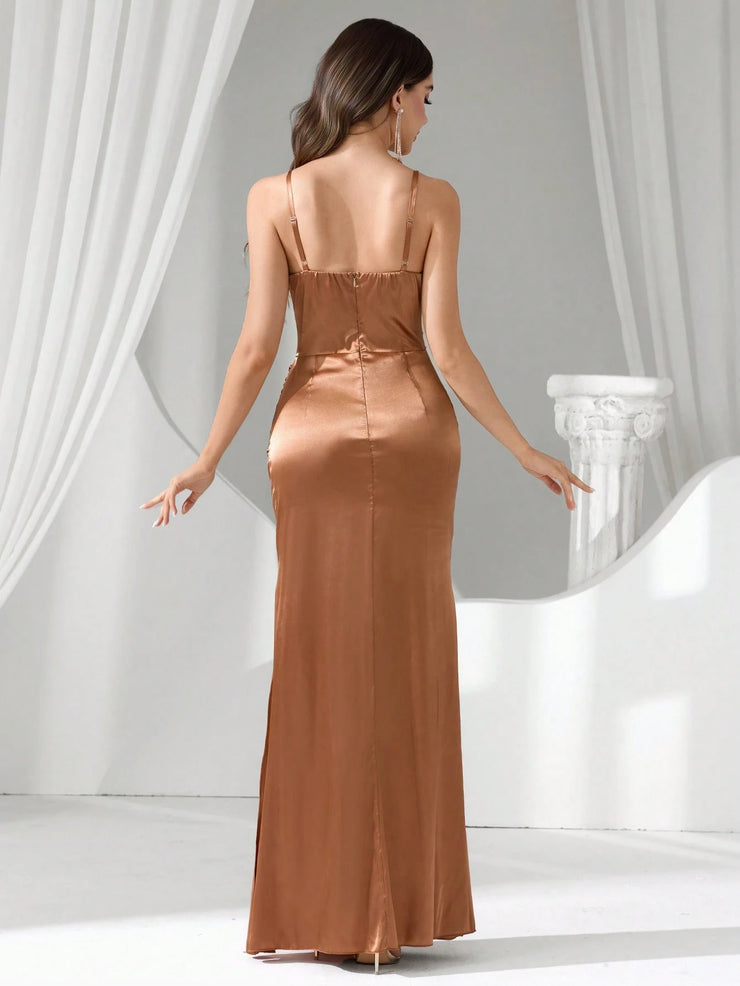 Coutiva Long Rhinestone Decor Illusion Women's Evening Formal Gown, Party Dress, For Wedding Guest