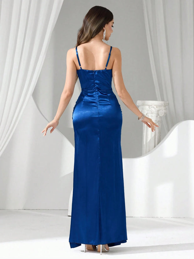 Coutiva Long Rhinestone Decor Illusion Women's Evening Formal Gown, Party Dress, For Wedding Guest