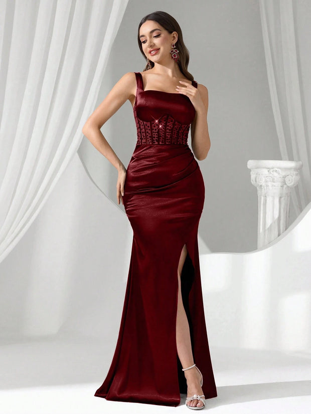 Coutiva Women's Elegant Romantic High Slit Formal Evening Gown