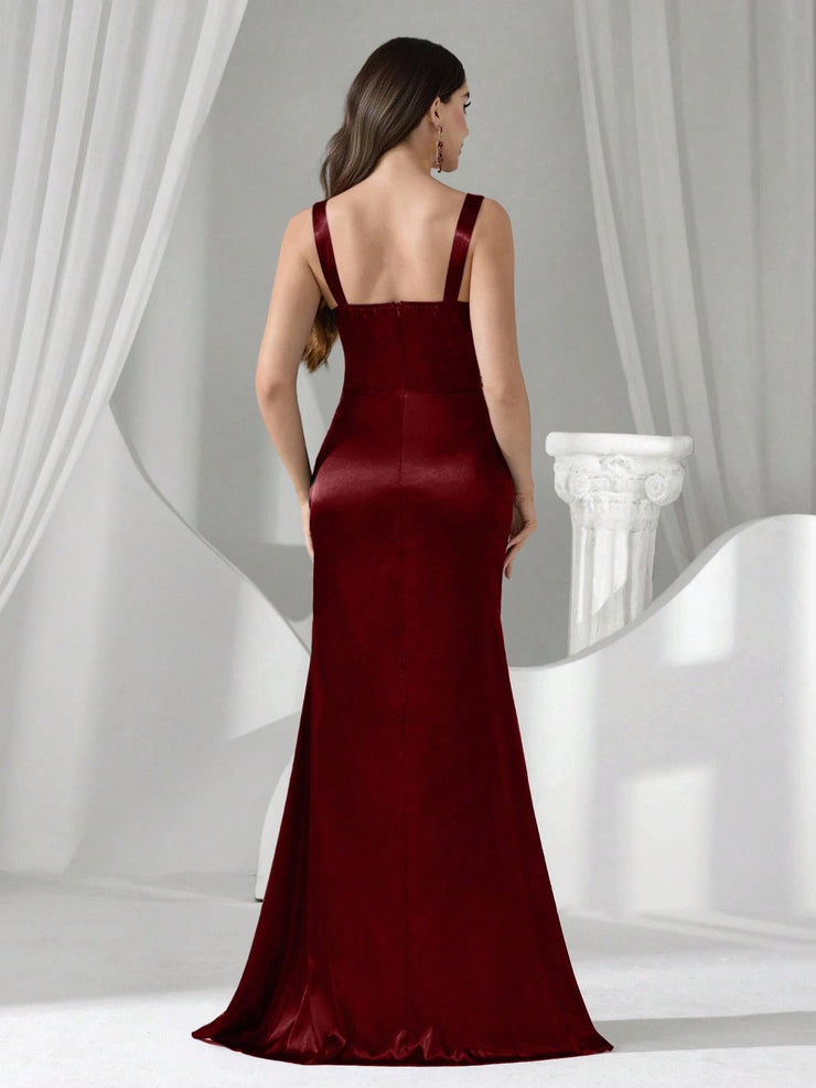 Coutiva Women's Elegant Romantic High Slit Formal Evening Gown
