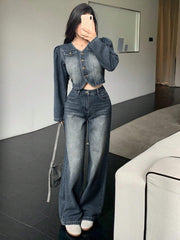 DAZY 2pcs Vintage Washed & Distressed Denim Top And Straight Leg Jeans Set For Women