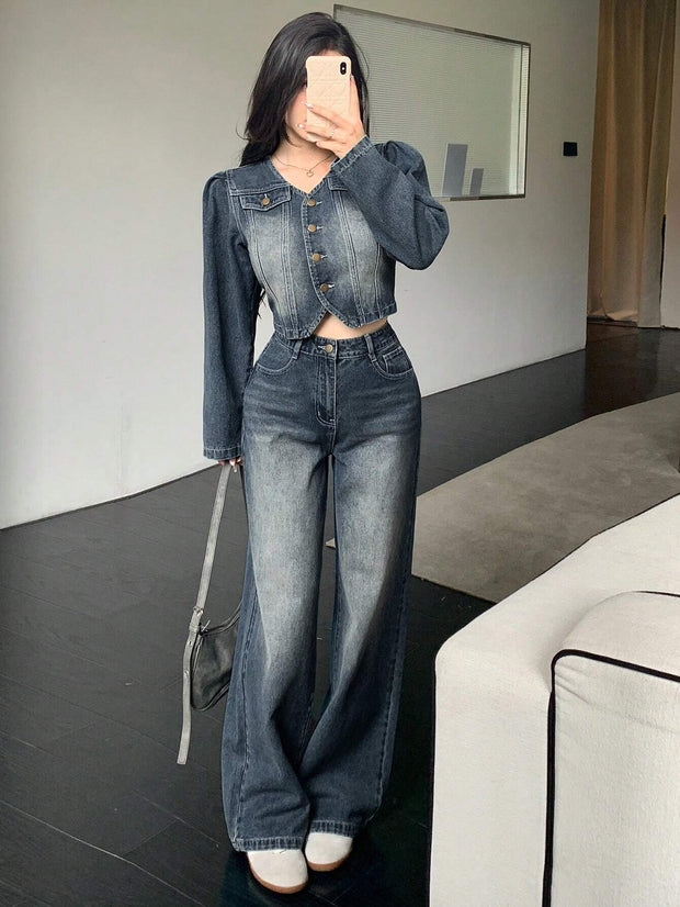 DAZY 2pcs Vintage Washed & Distressed Denim Top And Straight Leg Jeans Set For Women
