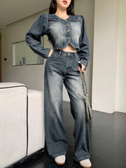 DAZY 2pcs Vintage Washed & Distressed Denim Top And Straight Leg Jeans Set For Women