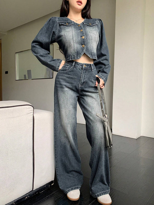 DAZY 2pcs Vintage Washed & Distressed Denim Top And Straight Leg Jeans Set For Women