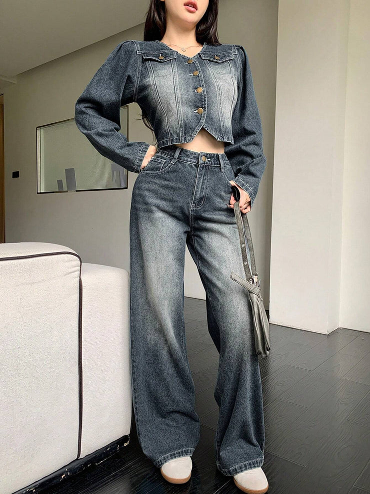 DAZY 2pcs Vintage Washed & Distressed Denim Top And Straight Leg Jeans Set For Women