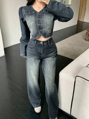 DAZY 2pcs Vintage Washed & Distressed Denim Top And Straight Leg Jeans Set For Women