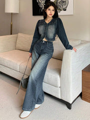 DAZY 2pcs Vintage Washed & Distressed Denim Top And Straight Leg Jeans Set For Women