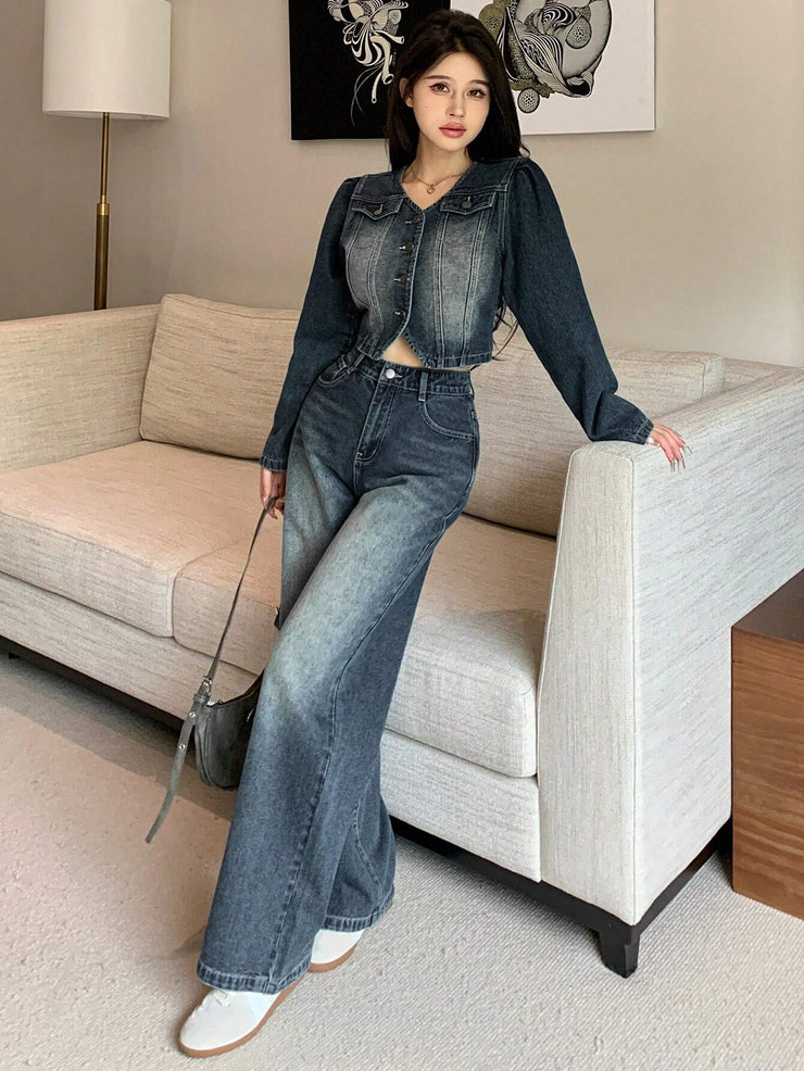 DAZY 2pcs Vintage Washed & Distressed Denim Top And Straight Leg Jeans Set For Women