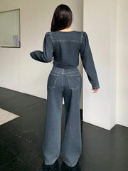 DAZY 2pcs Vintage Washed & Distressed Denim Top And Straight Leg Jeans Set For Women