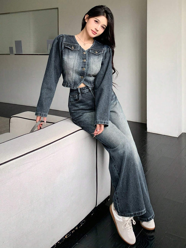 DAZY 2pcs Vintage Washed & Distressed Denim Top And Straight Leg Jeans Set For Women