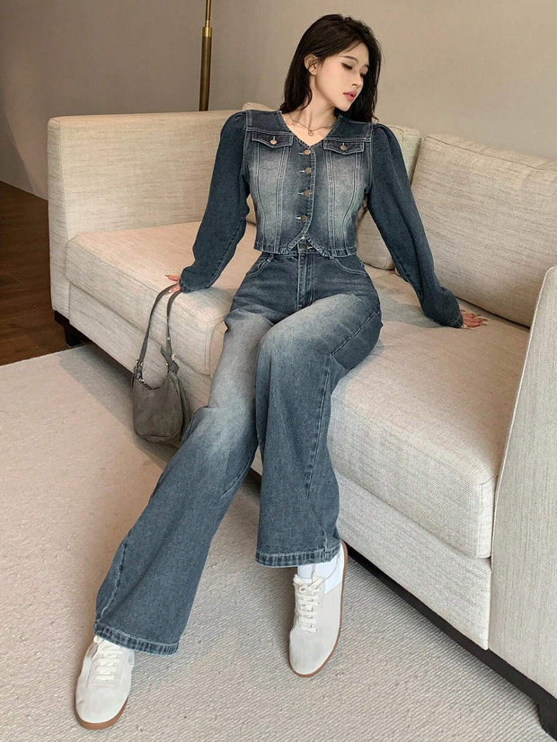 DAZY 2pcs Vintage Washed & Distressed Denim Top And Straight Leg Jeans Set For Women