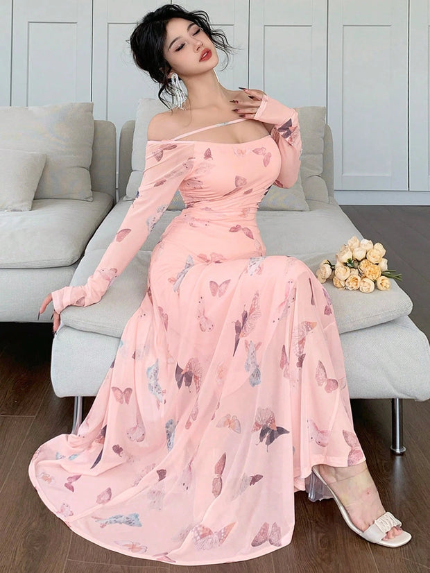 DAZY Women's Butterfly Print A-Line Midi Dress With Front Tie Up And Off Shoulder