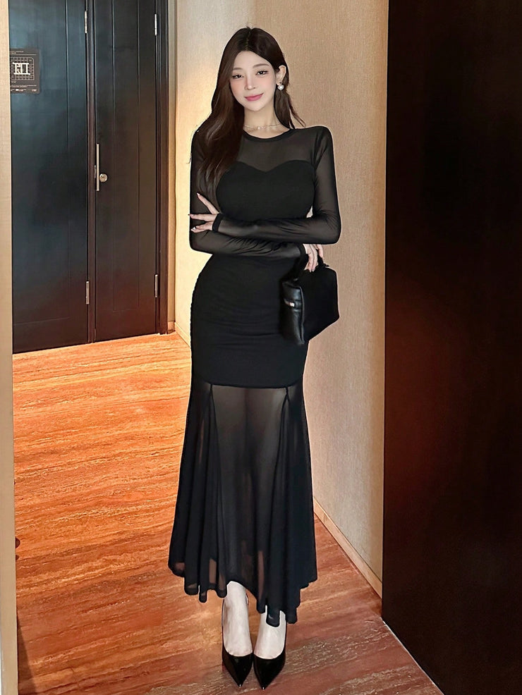 DAZY Sheer Mesh Paneled Mermaid Hem Cocktail Midi Dress, Black Elegant