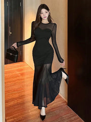 DAZY Sheer Mesh Paneled Mermaid Hem Cocktail Midi Dress, Black Elegant