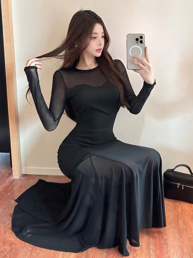 DAZY Sheer Mesh Paneled Mermaid Hem Cocktail Midi Dress, Black Elegant