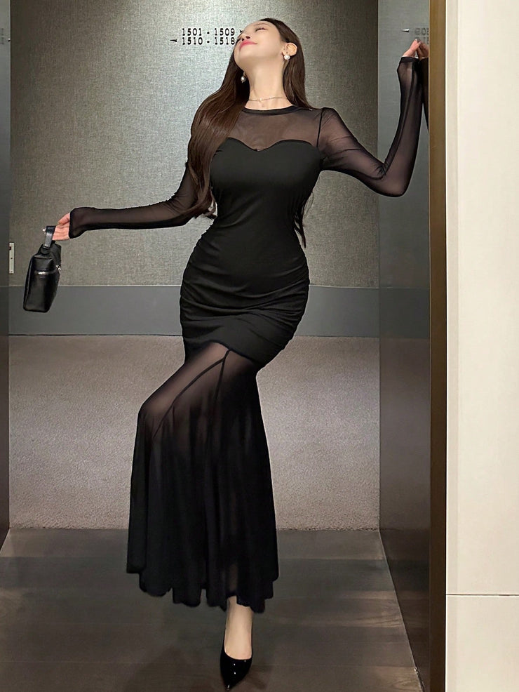 DAZY Sheer Mesh Paneled Mermaid Hem Cocktail Midi Dress, Black Elegant