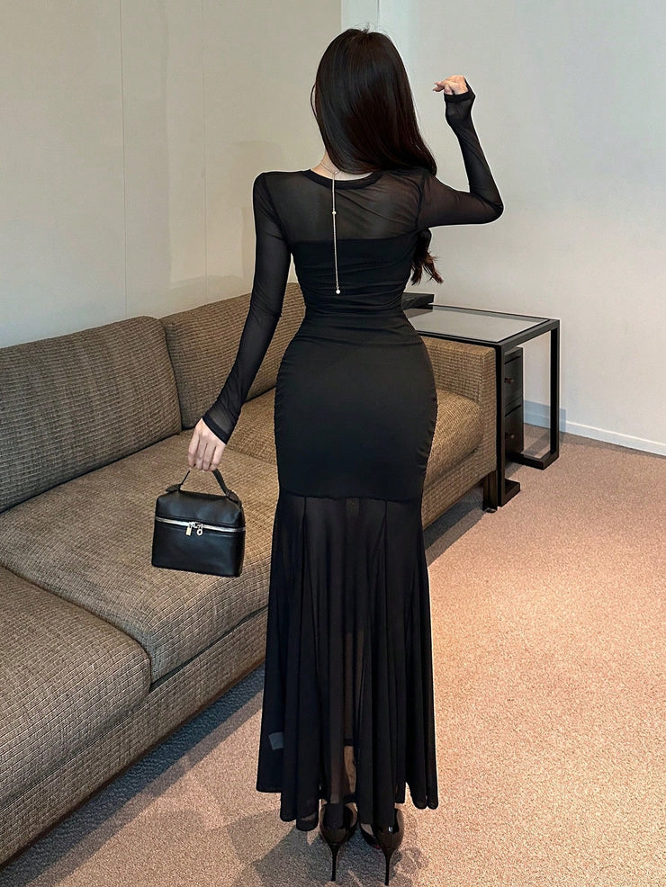 DAZY Sheer Mesh Paneled Mermaid Hem Cocktail Midi Dress, Black Elegant