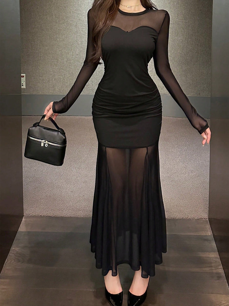 DAZY Sheer Mesh Paneled Mermaid Hem Cocktail Midi Dress, Black Elegant