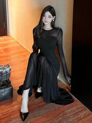 DAZY Sheer Mesh Paneled Mermaid Hem Cocktail Midi Dress, Black Elegant