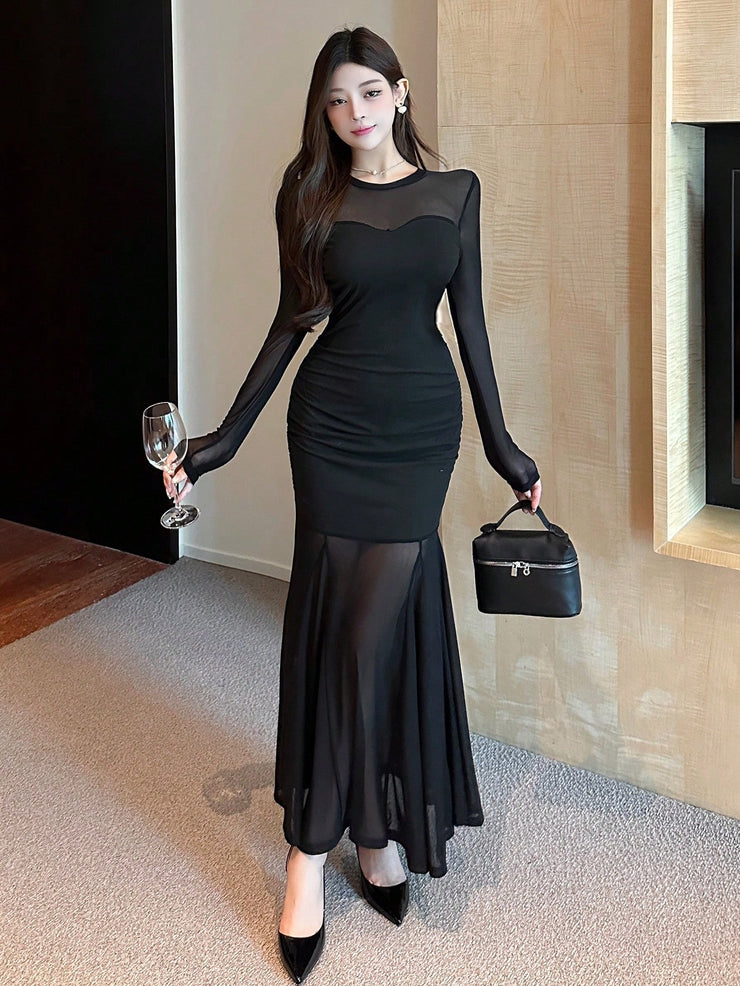 DAZY Sheer Mesh Paneled Mermaid Hem Cocktail Midi Dress, Black Elegant