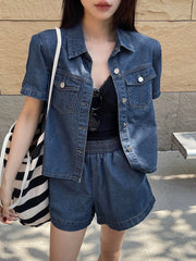DAZY Short Sleeve Loose Pocket Denim Shirt And Shorts Set For Women