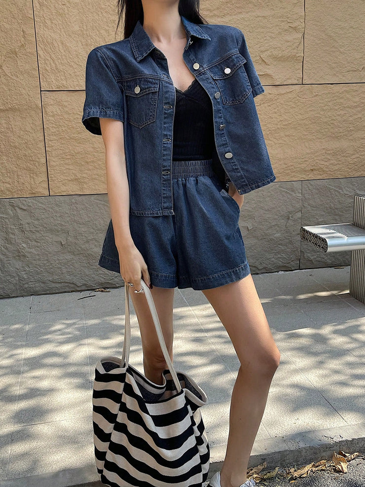 DAZY Short Sleeve Loose Pocket Denim Shirt And Shorts Set For Women