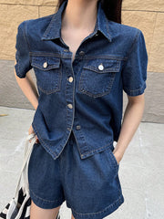 DAZY Short Sleeve Loose Pocket Denim Shirt And Shorts Set For Women