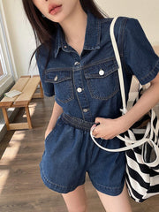 DAZY Short Sleeve Loose Pocket Denim Shirt And Shorts Set For Women