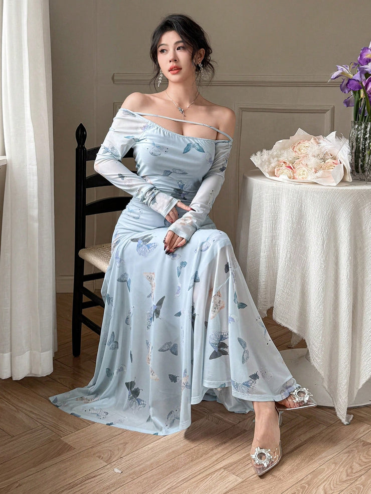 Joudiya Women's Slim Fit Vacation All-Over Butterfly Print Off Shoulder Mid-Calf A-Line Dress
